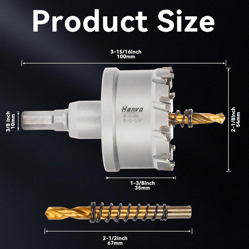 Henvo Hole Saw 2-1/8" (54mm) Heavy Duty Carbide with 2 Pilot Drill Bits - Metal Hole Cutter Cuts Stainless Steel, Iron, Copper, Brass, Plastic - Image 2